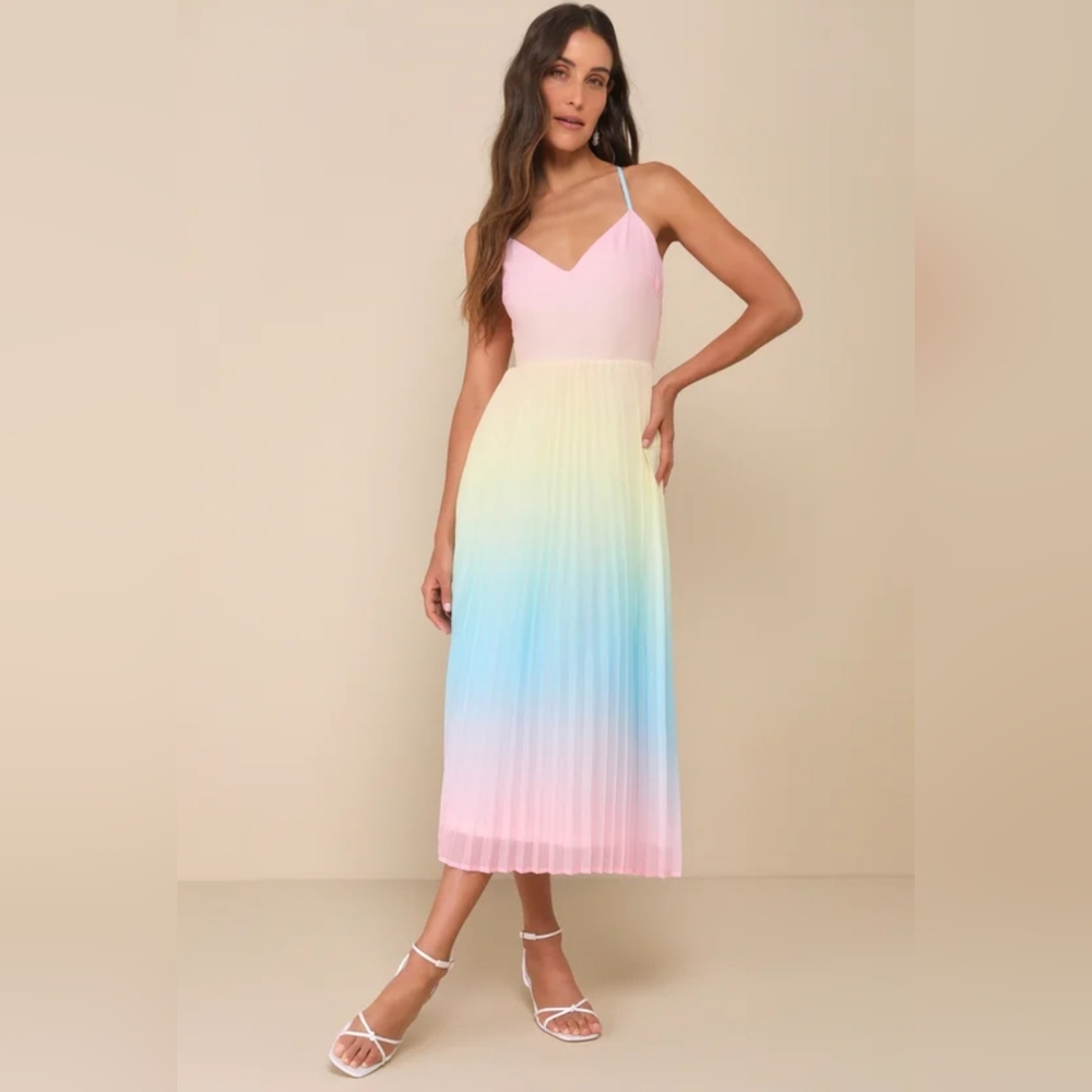 Lulu's Sweetly Trendy Pink Multi Ombre Pleated Tie-Back Midi Dress